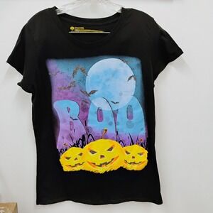 Halloween Black Graphic‎ Women's Large 12-14 Boo Pumpkins Short Sleeve Shirt